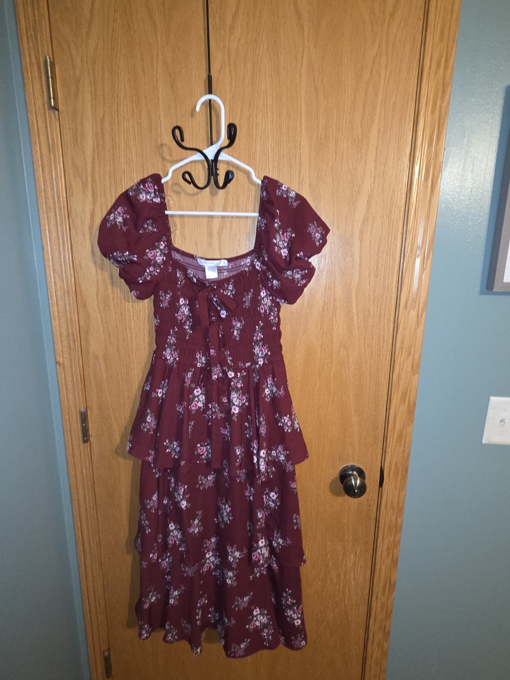 Altar'd State Burgundy Floral Smocked Tiered Midi Dress - Picture 2 of 4